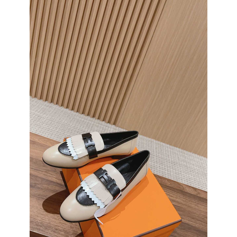 H**mes goatskin womens royal loafers black and beige