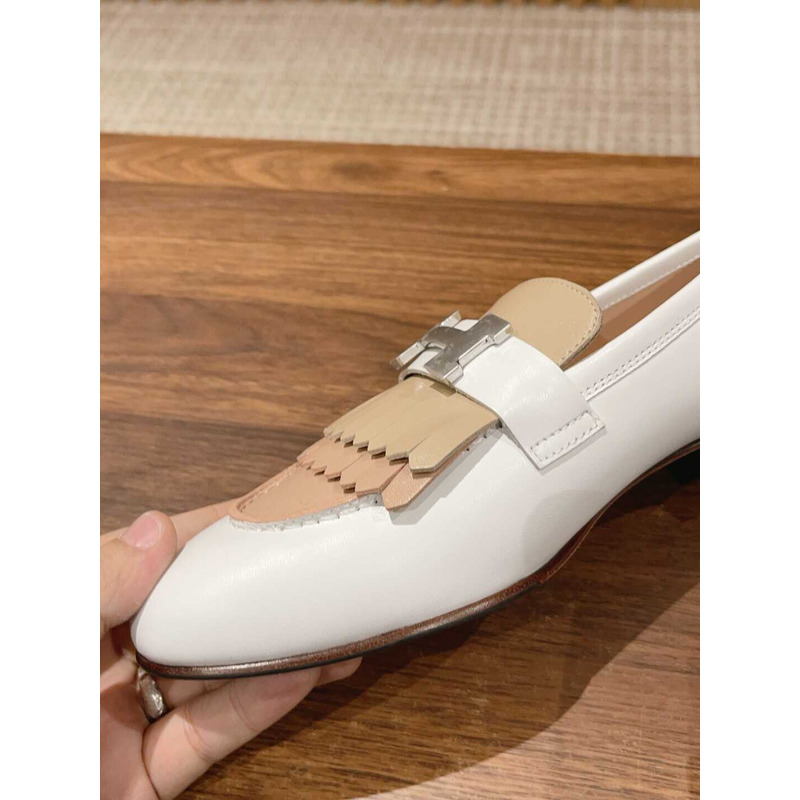 H**mes goatskin womens royal loafers beige and white