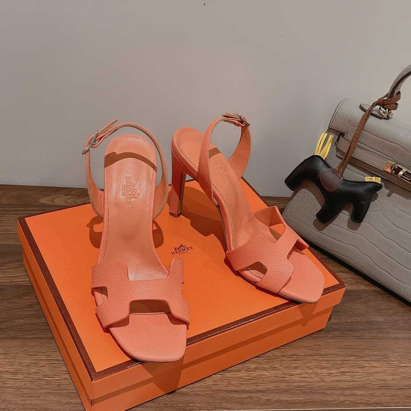 H**mes ella 105 calfskin heeled sandals black light orange