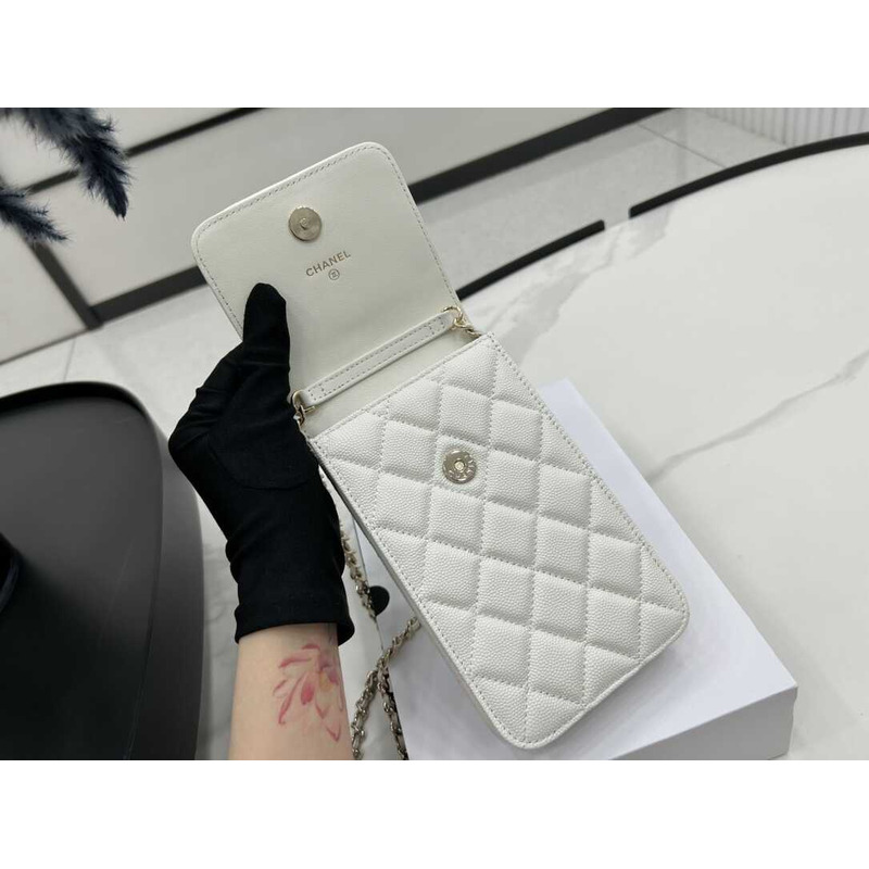 Ch*el phone holder with chain white