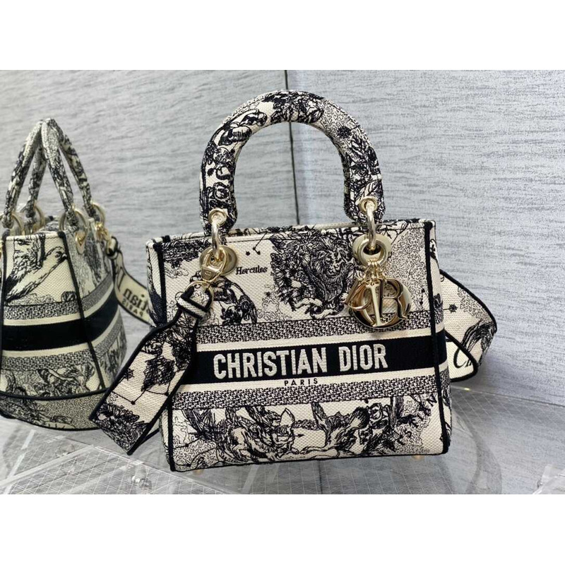 D*or medium lady d-lite bag embroidery black&beige
