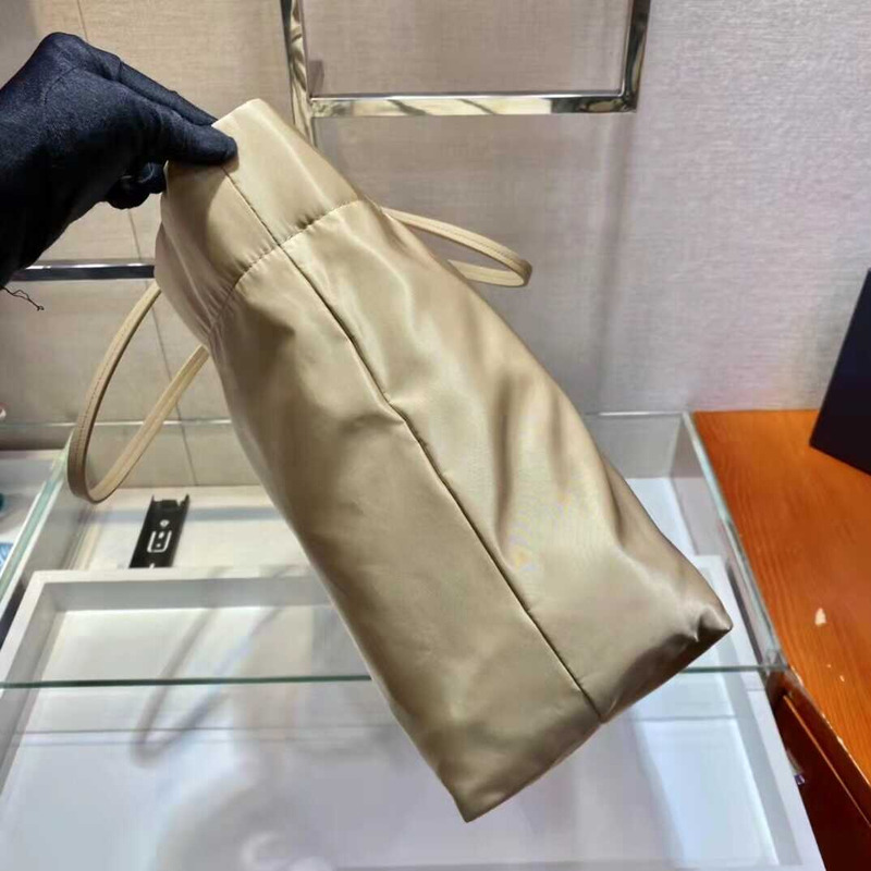 Pra*a re-nylon and saffiano leather tote bag desert beige