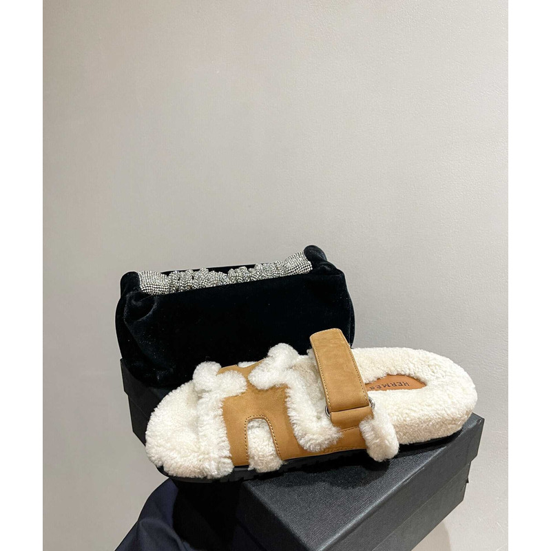 H**mes sandals with fur brown and white