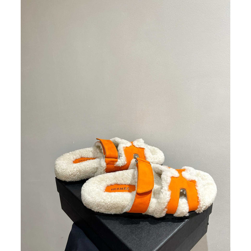 H**mes sandals with fur orange and white