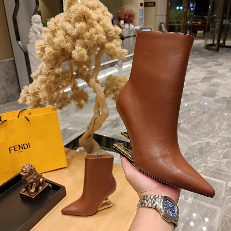 F**di lambskin metallic f-heel ankle booties brown