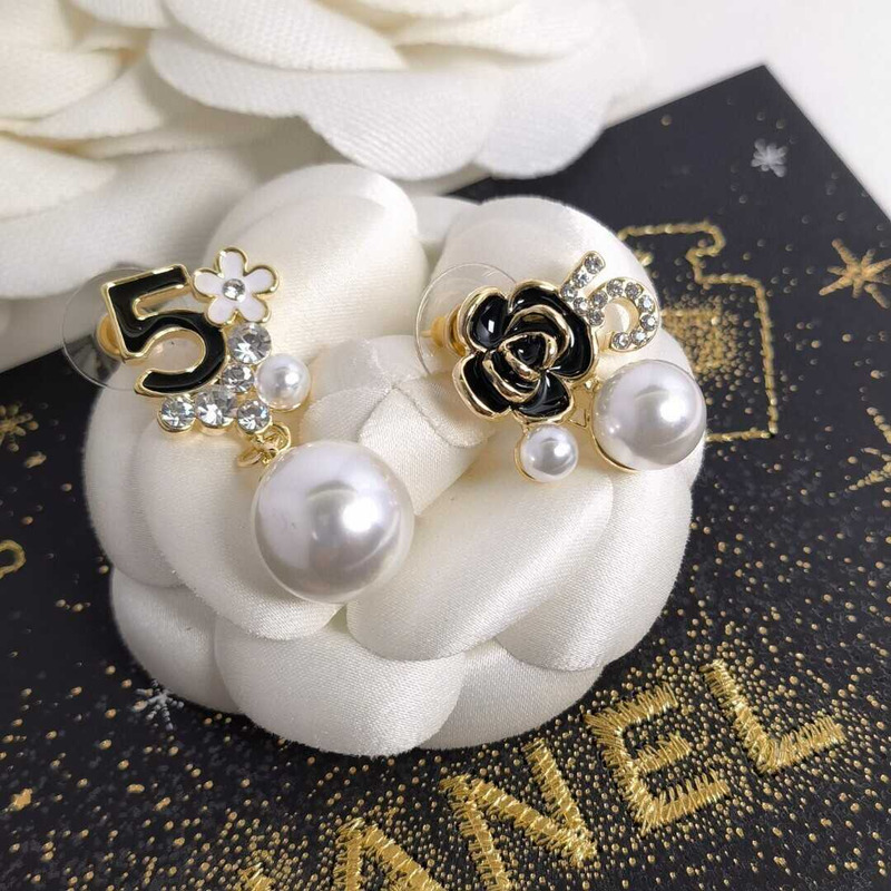 Ch*el pearl white black floral pendant earrings