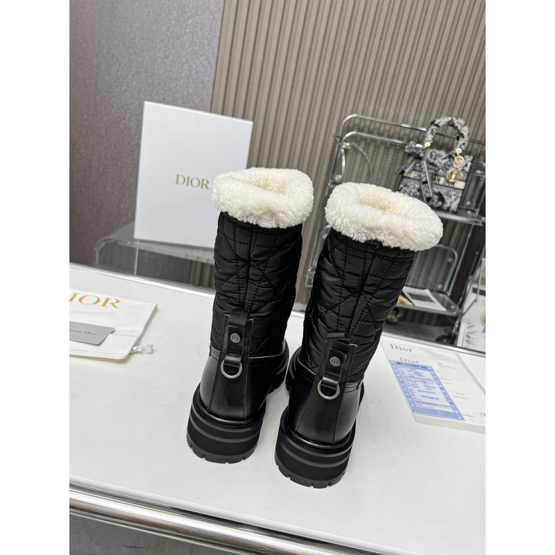 D*or frozen-d ankle cannage quilted nylon boot black calfskin and white shearling