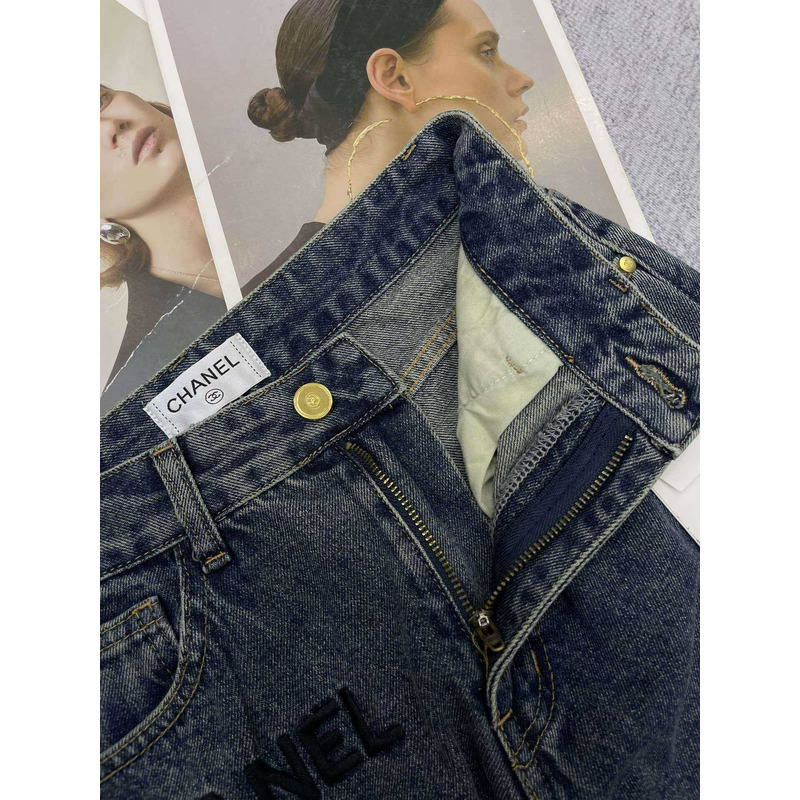 Ch*el cotton embroidered logo jeans darkblue