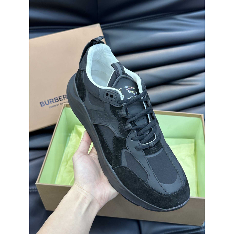 B**rry leather and suede logo print check sneaker black