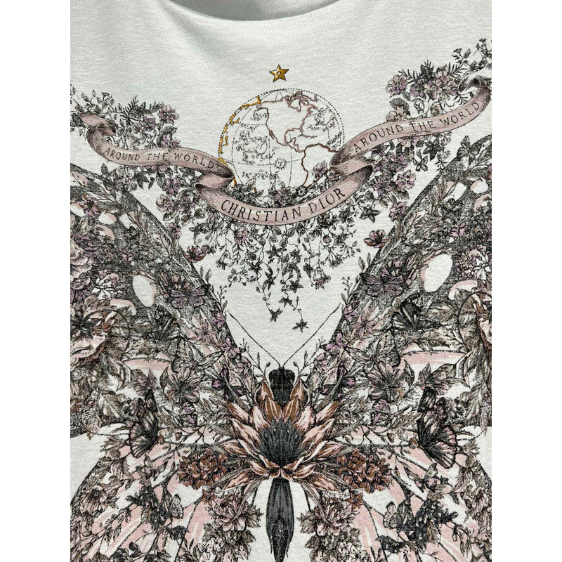 D*or t-shirt white cotton and linen jersey with pastel pink butterfly around the world motif