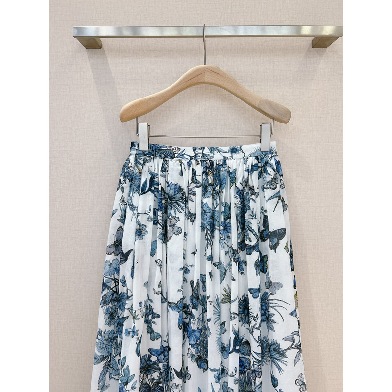 D*or lared mid-length skirt white and pastel midnight blue cotton voile
