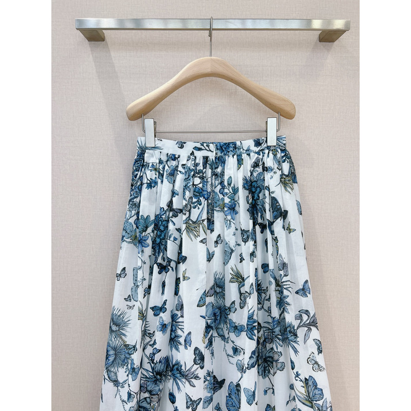 D*or lared mid-length skirt white and pastel midnight blue cotton voile