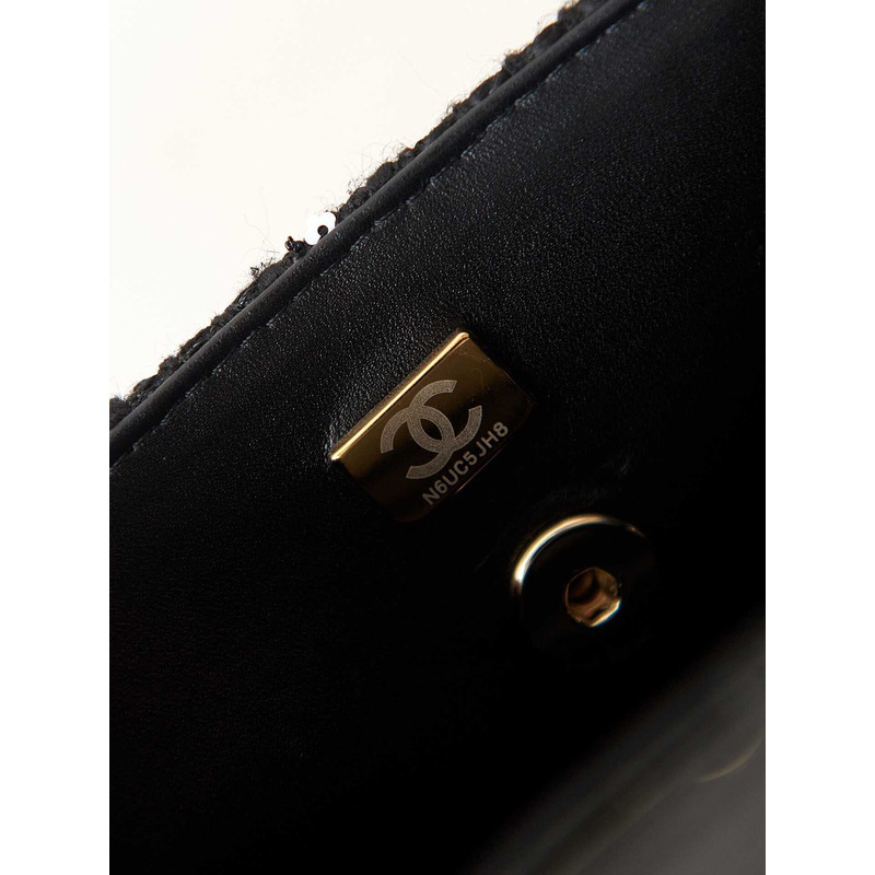 Ch*el small box bag tweed sequins & gold-tone metal black