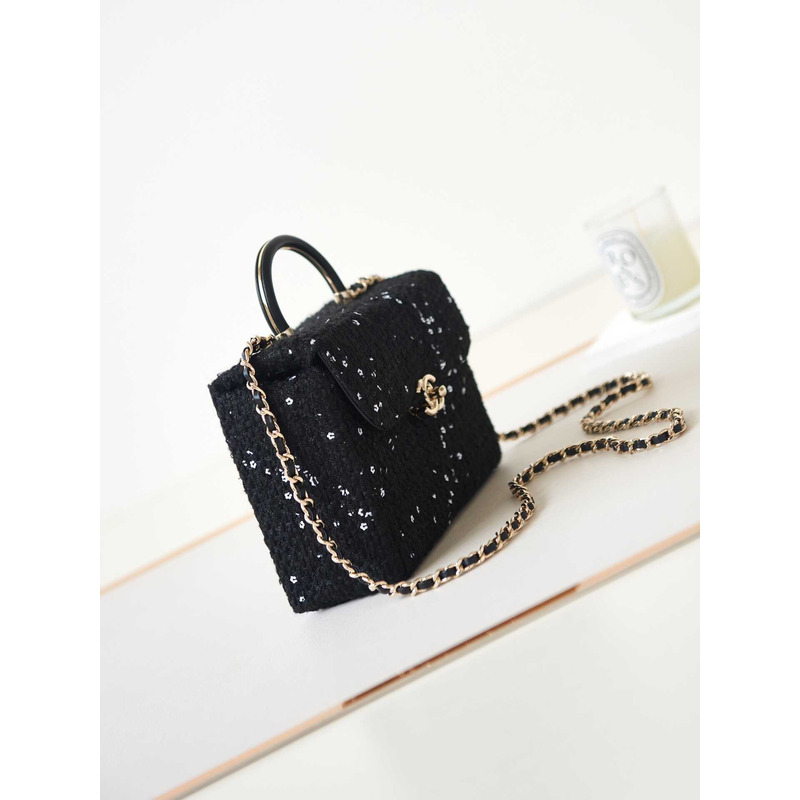 Ch*el small box bag tweed sequins & gold-tone metal black