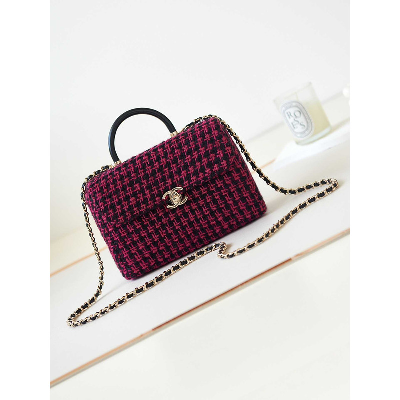 Ch*el small box wool tweed & gold-tone metal fuchsia & black