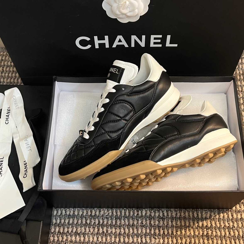 Ch*el calfskin & suede calfskin sneakers black