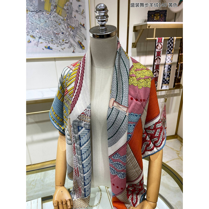 H**mes dressage tressage shawl 140 rose / vert amande / naturel