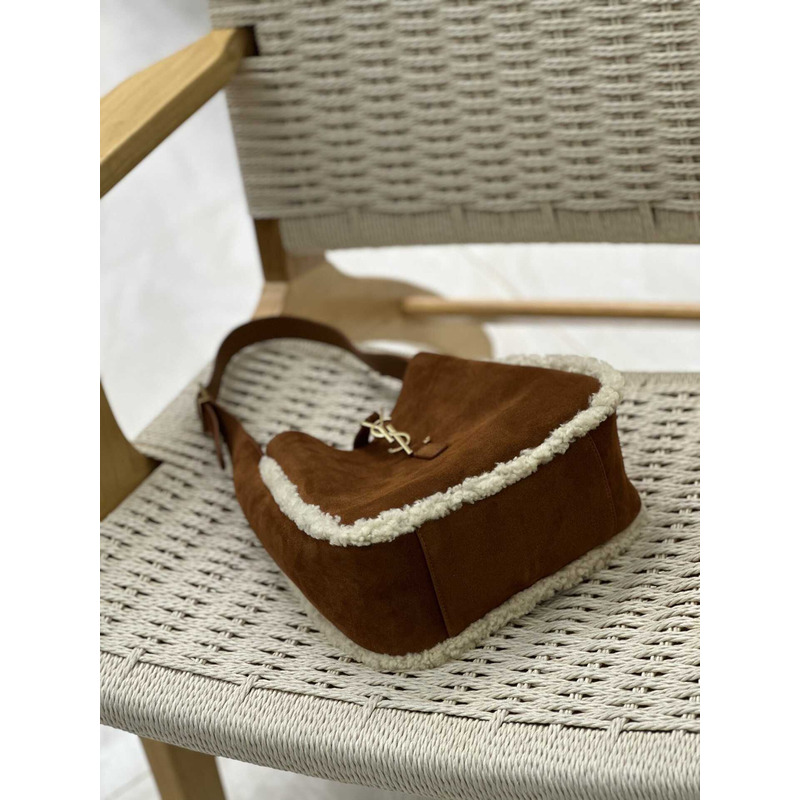 saint laurent le 5 À 7 S*pple small in suede and shearling dark cigar and natural beige