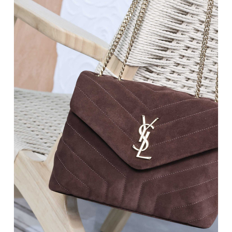 Saint Laurent Small Loulou Quiled Suede Handbag Dark Brown