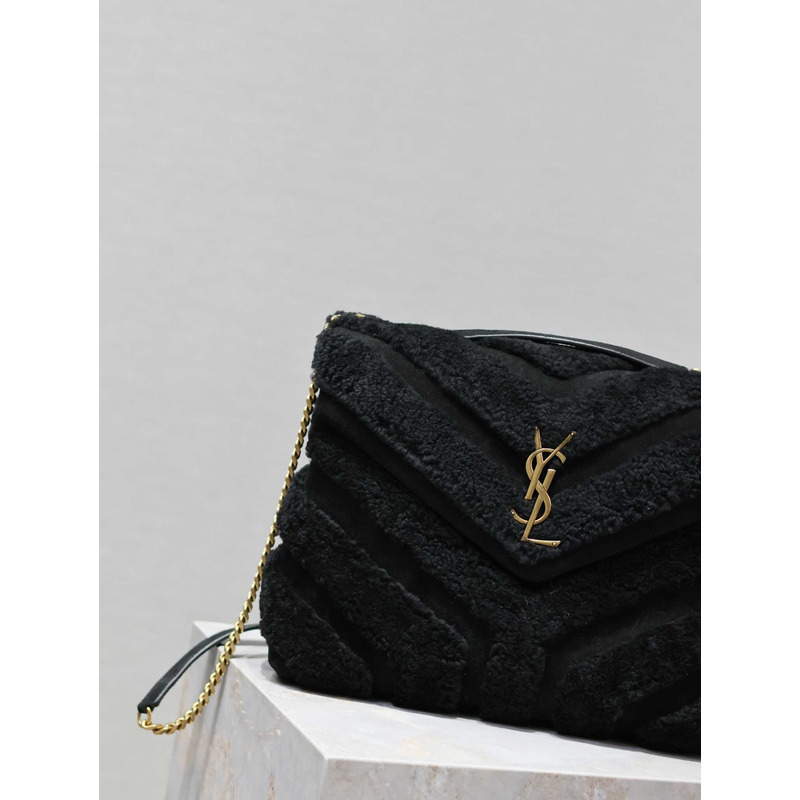 Saint Laurent Medium Loulou Puffer Shearling Shoulder Bag Black