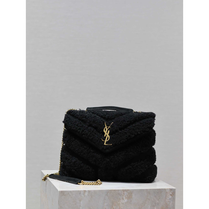 Saint Laurent Small Loulou Puffer Shearling Shoulder Bag Black