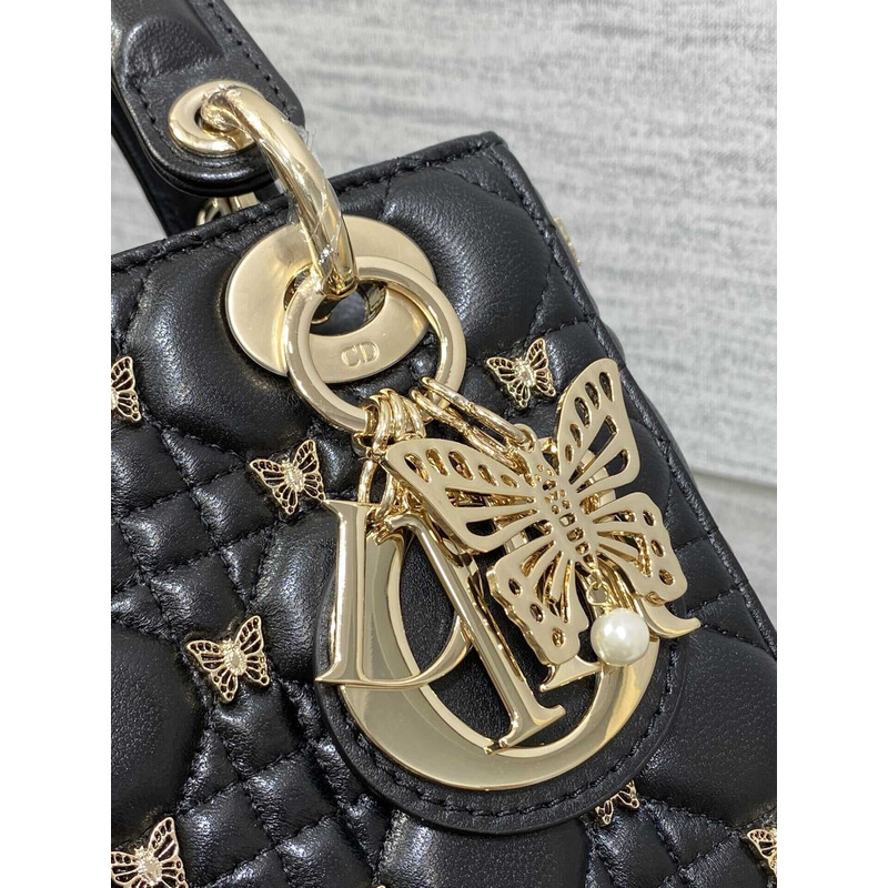 D*or small lady D*or bag lambskin gold-finish butterfly studs black