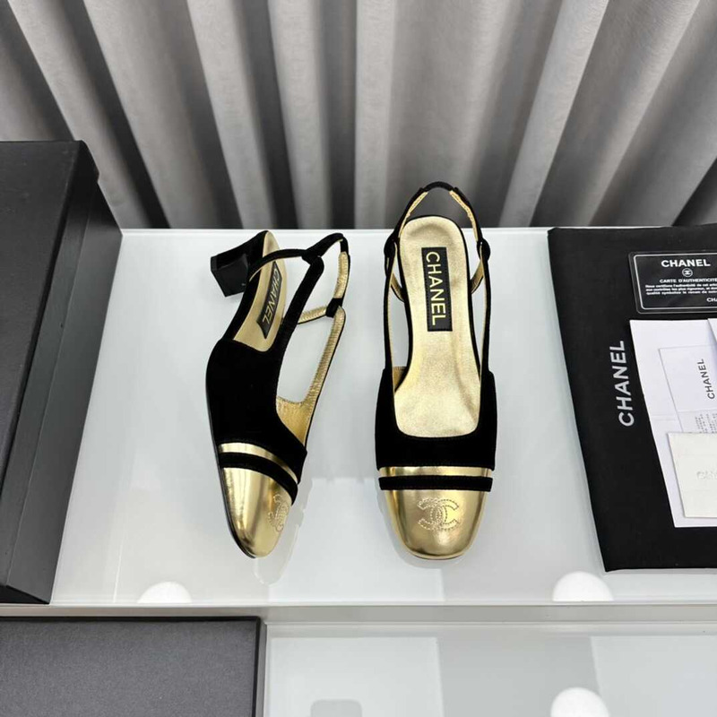 Ch*el velvet and leather slingbacks golden and black
