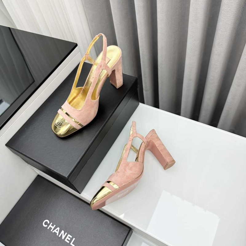 Ch*el velvet and leather high heel slingbacks golden and pink