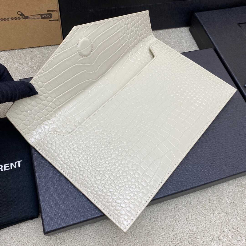 Saint Laurent Uptown Pouch In Crocodile-embossed Shny Leather