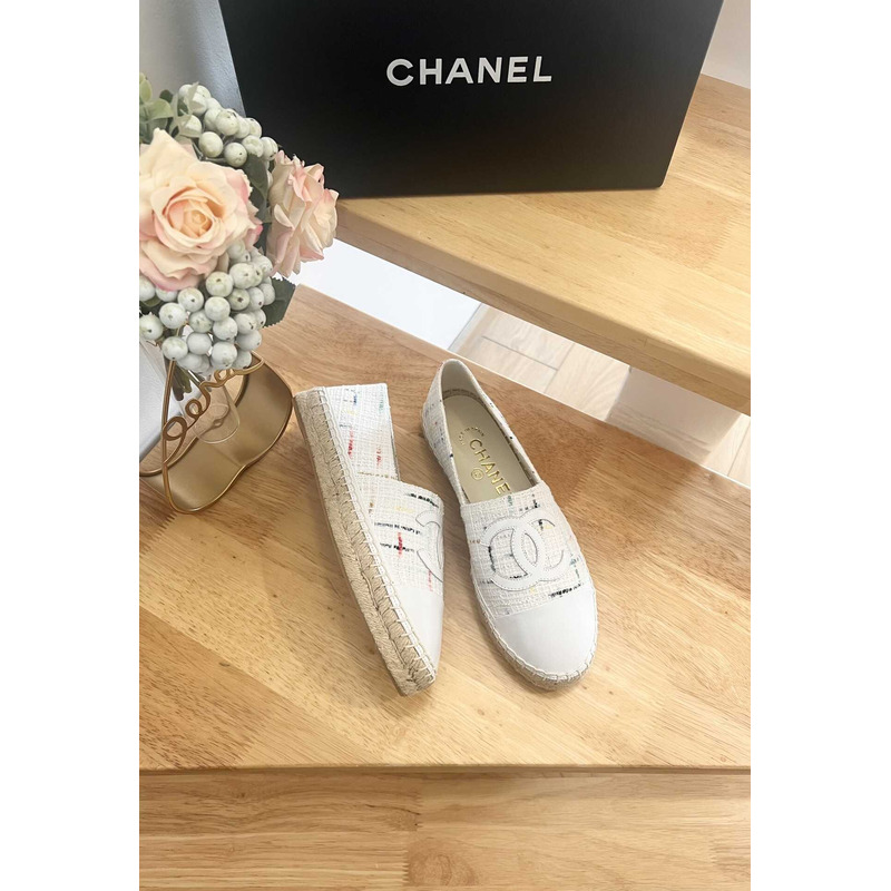 Ch*el espadrilles glittered cotton tweed & lambskin white & multicolor