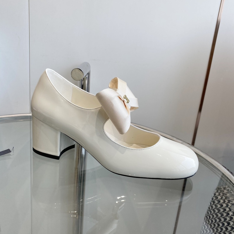 Ch*el mary janes patent calfskin & grosgrain white