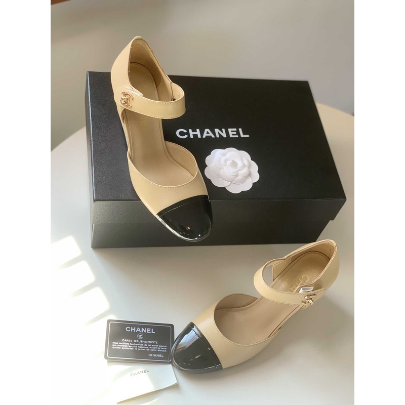 Ch*el lambskin patent cap toe mary jane wedge pumps brown black