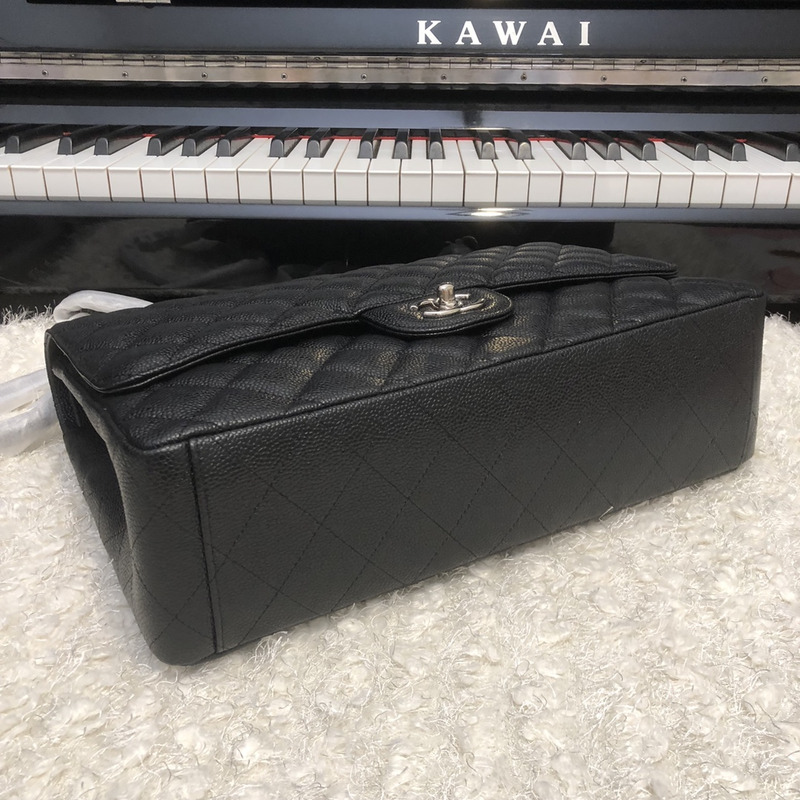 Ch*el classic double flap quilted caviar silver-tone large black