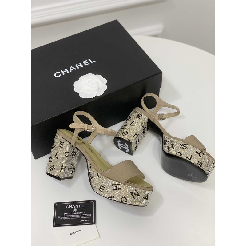 Ch*el sandals grosgrain & diamanté green