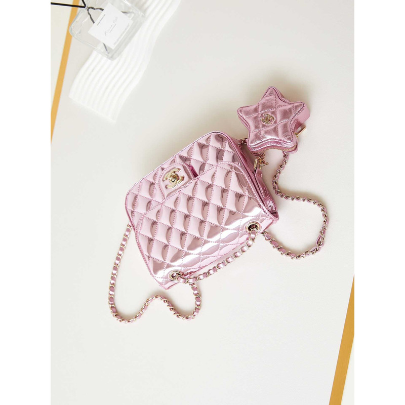 Ch*el mini flap bag & star coin purse metallic mirror calfskin, metallic lambskin & gold-tone metal light pink