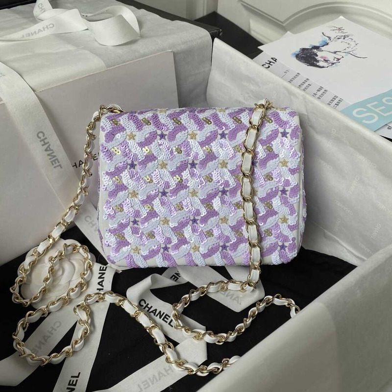 Ch*el mini flap bag embroidered satin, sequins, glass beads, strass, star sequins & gold-tone metal purple & white