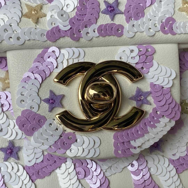 Ch*el mini flap bag embroidered satin, sequins, glass beads, strass, star sequins & gold-tone metal purple & white