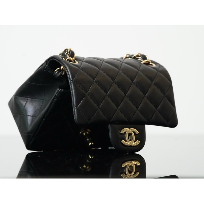 Ch*el mini flap bag lambskin & gold-tone metal black