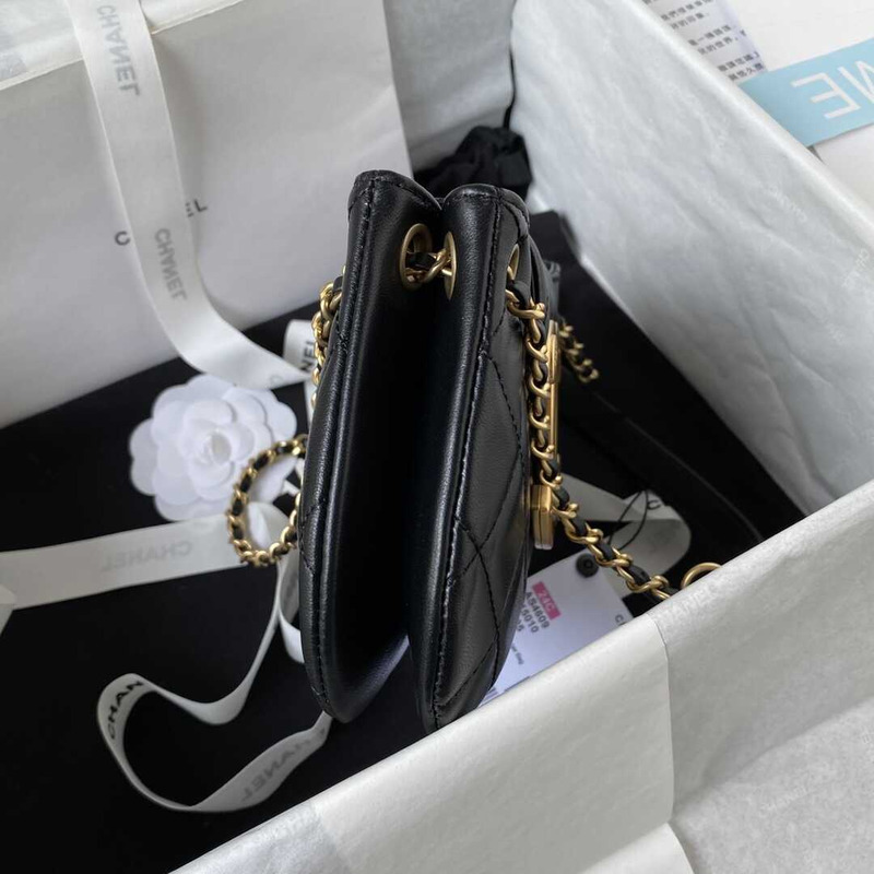 Ch*el small messager bag lambskin & gold-tone metal black