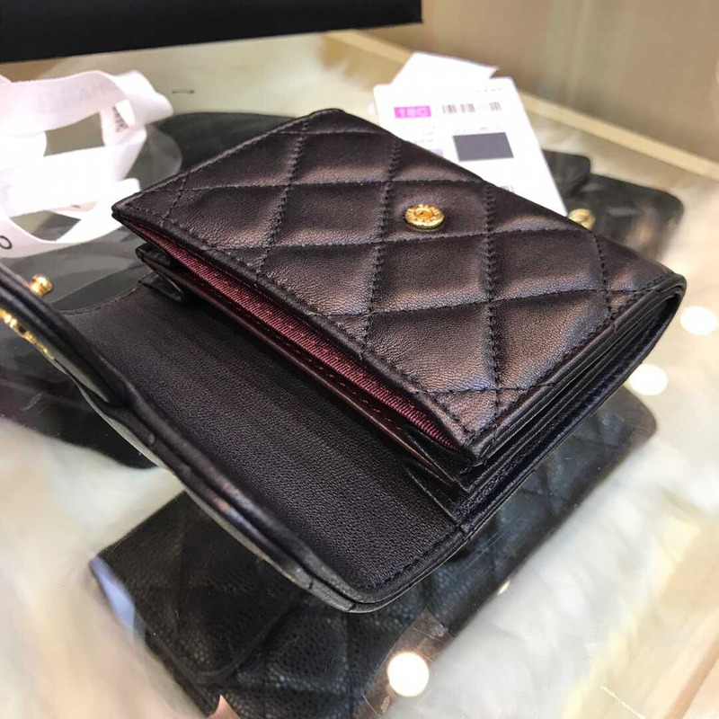 Ch*el lambskin small flap wallet black