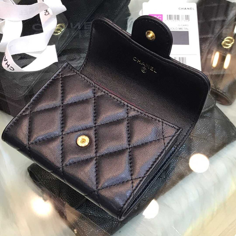 Ch*el lambskin small flap wallet black