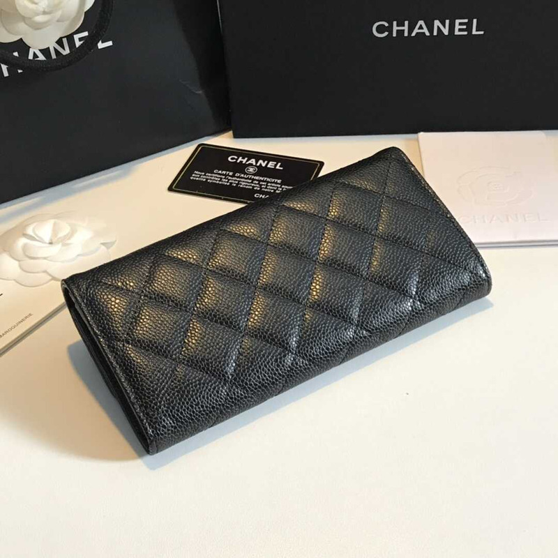 Ch*el caviar quilted large gusset flap wallet black