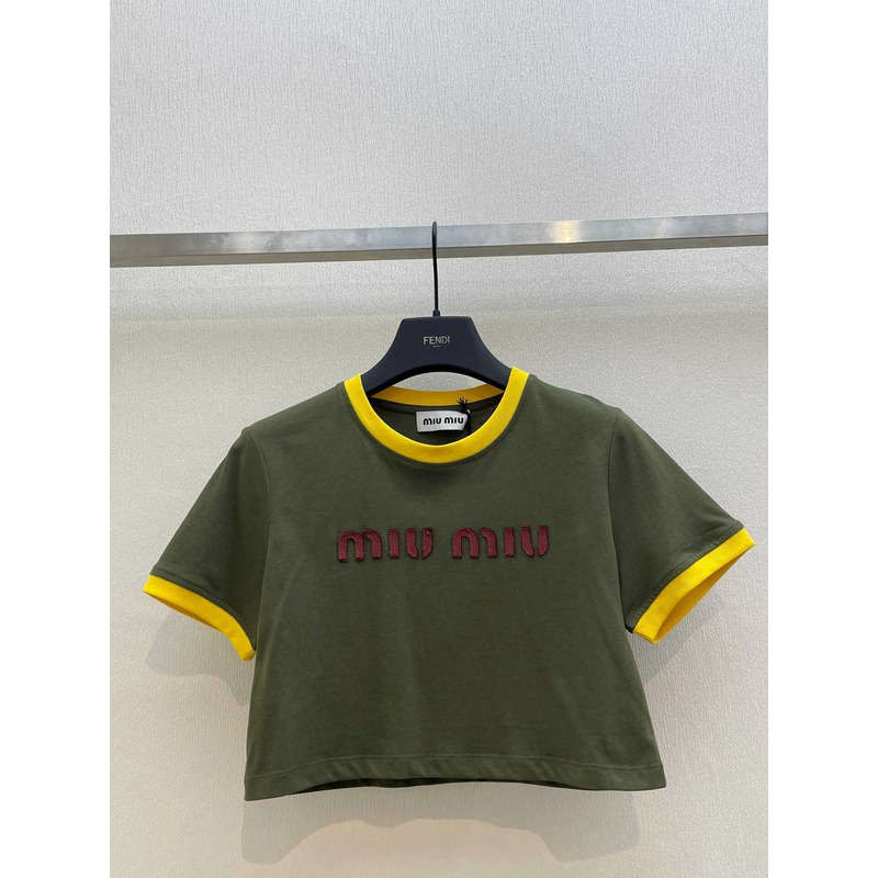 Miu Miu Embroidered Cotton Jersey T-shirt Camouflage/Yellow