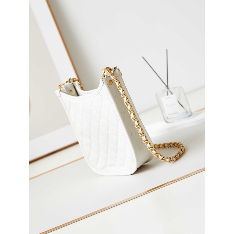 Ch*el hobo handbag washed denim & gold-tone metal white