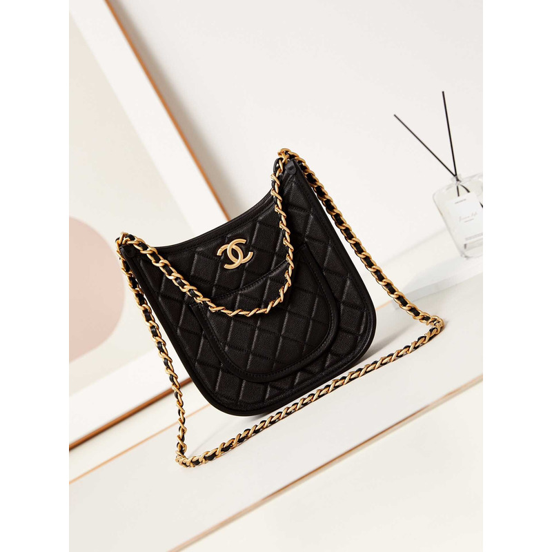 Ch*el hobo handbag washed denim & gold-tone metal black