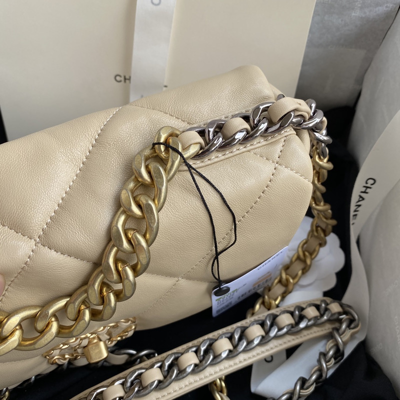 Ch*el lambskin quilted small Ch*el 19 flap dark beige