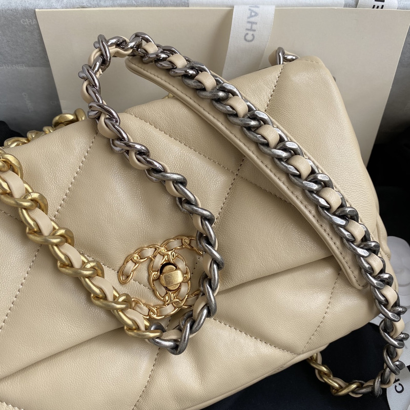 Ch*el lambskin quilted small Ch*el 19 flap dark beige