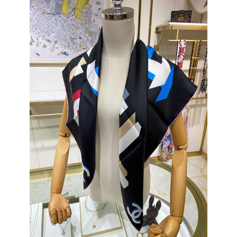 Ch*el square scarf silk twill black