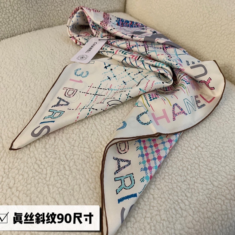Ch*el silk scarf multicolor white