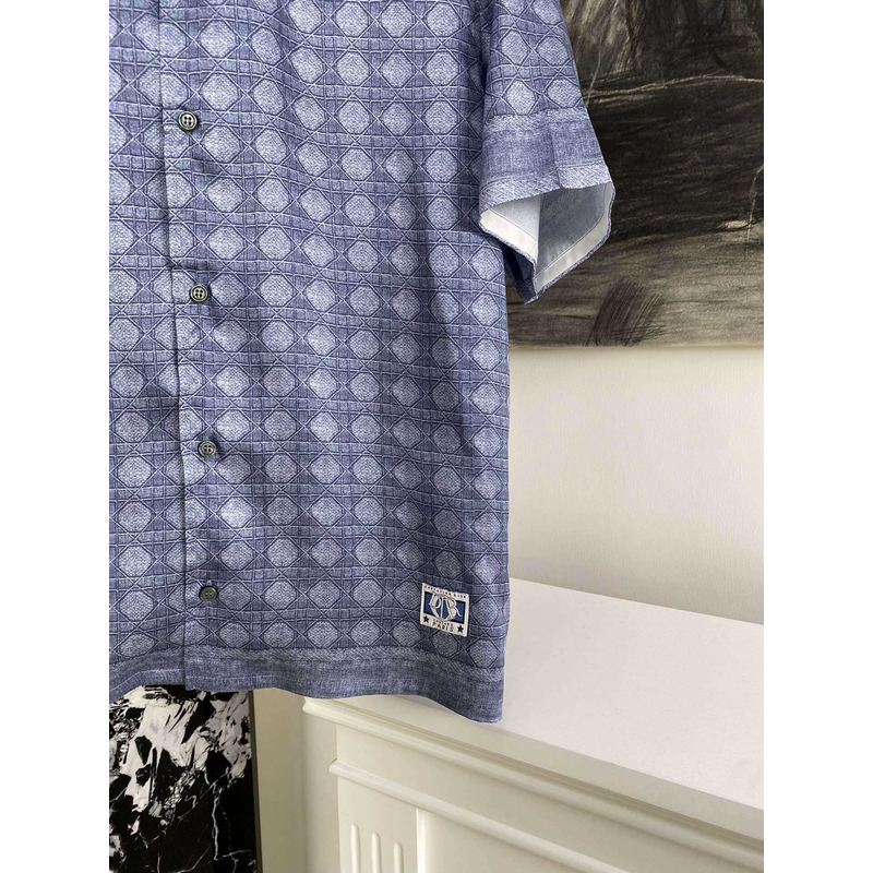 D*or cannage short-sleeved shirt  blue silk twill